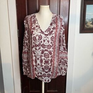 Lucky Brand Burgundy and White Floral neck Blouse